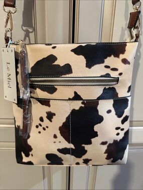 Cowhide-Print Crossbody Shoulder Bag in Brown & White by Le Miel